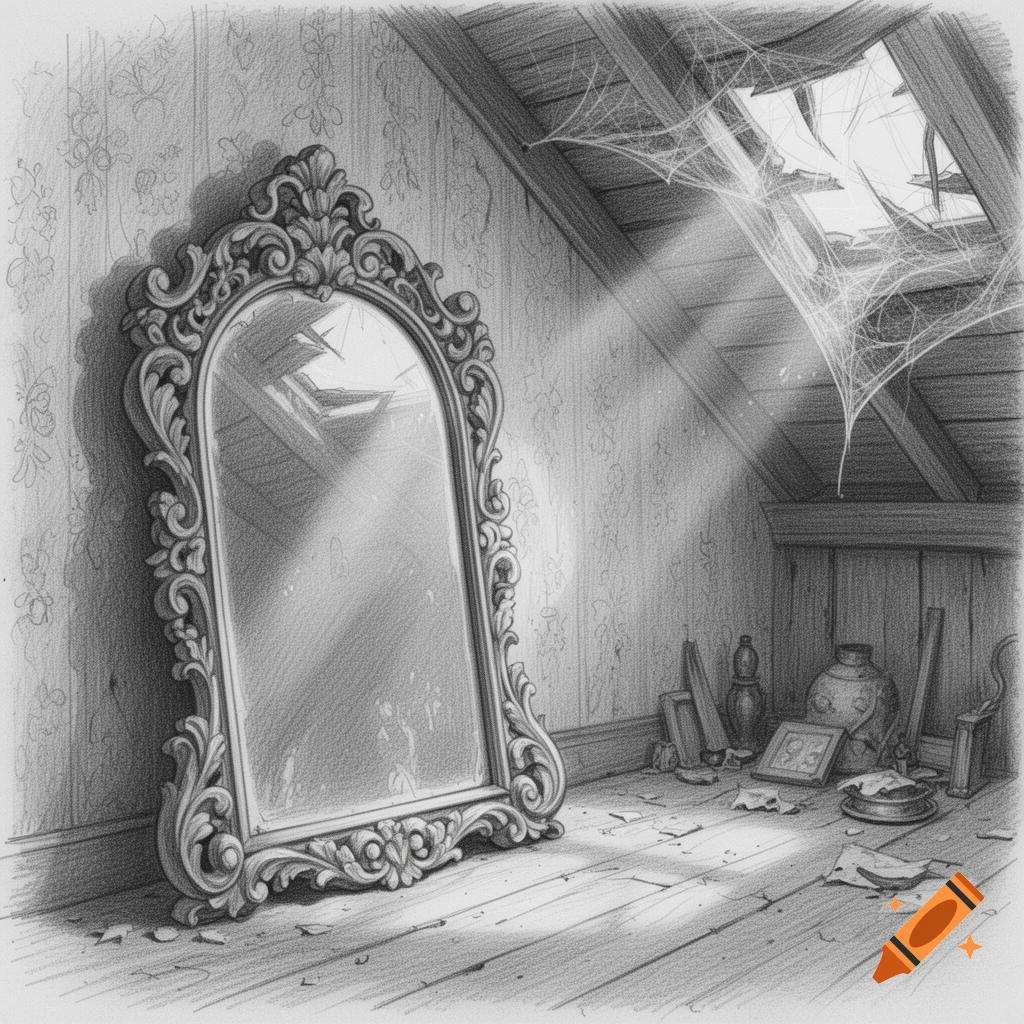 A detailed pencil sketch of an ornate mirror leaning against a wall in a dusty attic, with sunlight streaming through a broken skylight and spiderwebs.