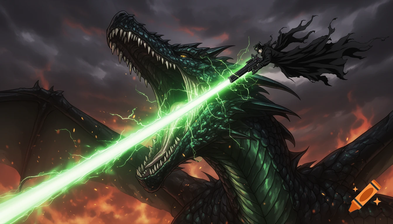 An anime style image of a man in a black robe jumping into a green dragon's mouth, firing a glowing green rail gun blast.