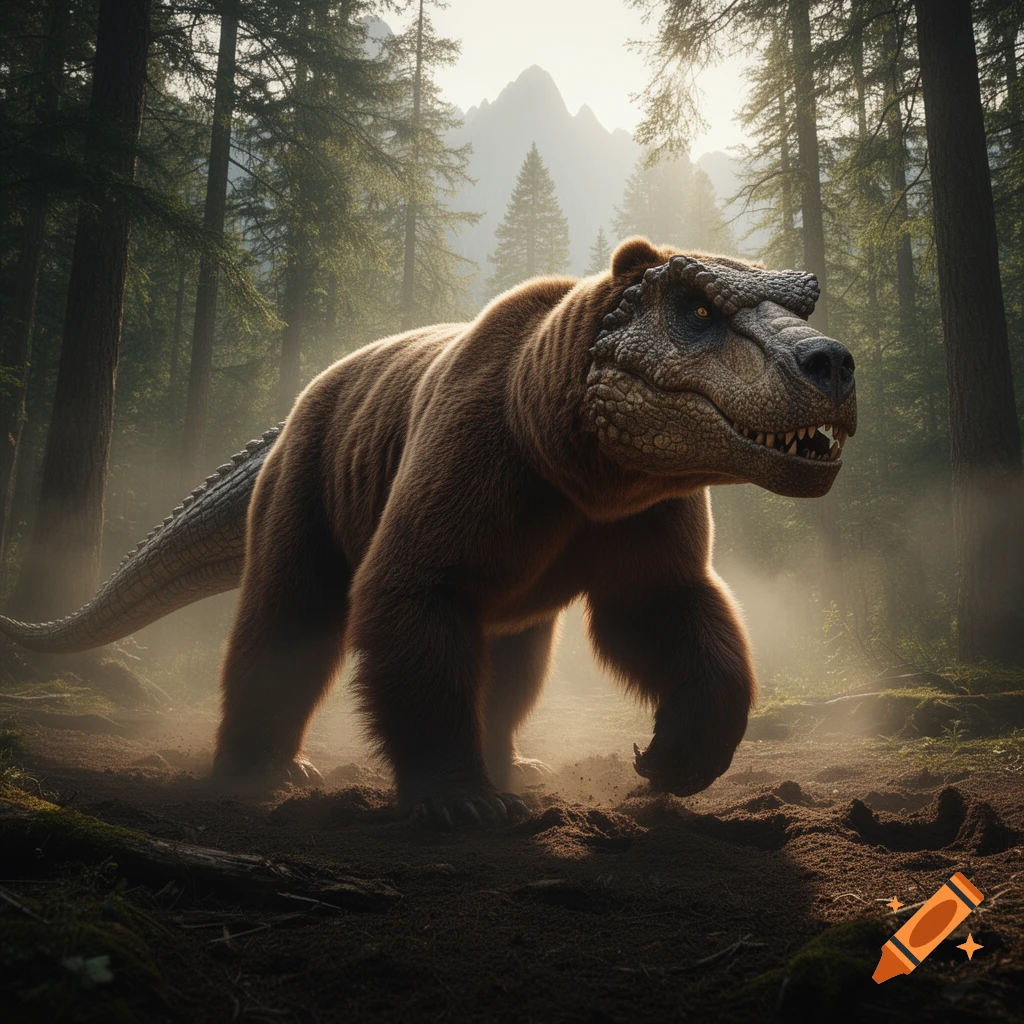 A fearsome brown bear with a T-rex head and scaly tail walks through a misty, sunlit forest.