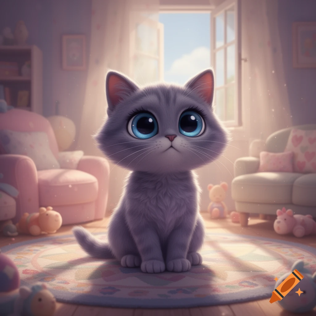 A cute grey cartoon cat with big blue eyes sits on a patterned rug in a brightly lit, pastel-colored room.