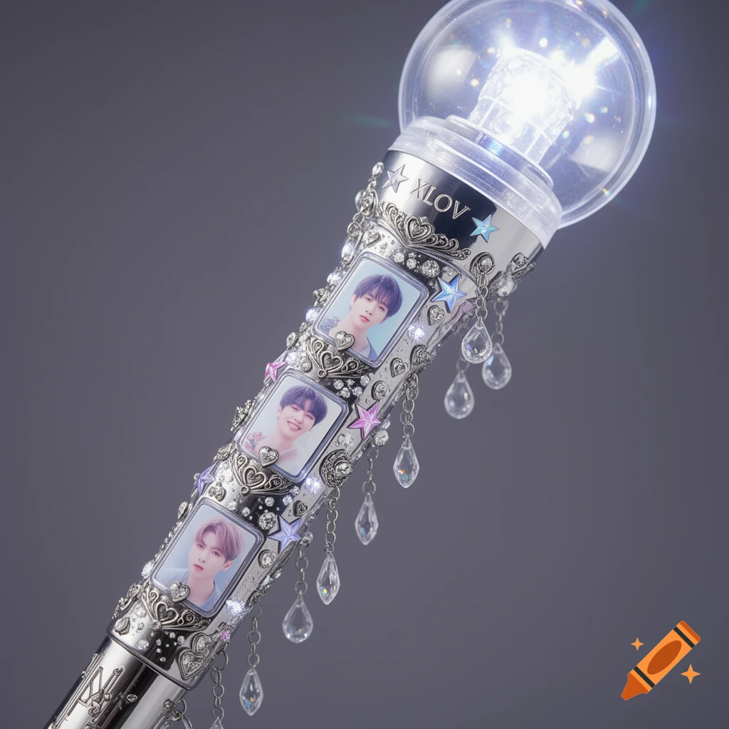 A detailed, silver XLOV lightstick adorned with crystals, stars, hearts, and photos of young men, glowing brightly against a gray background.