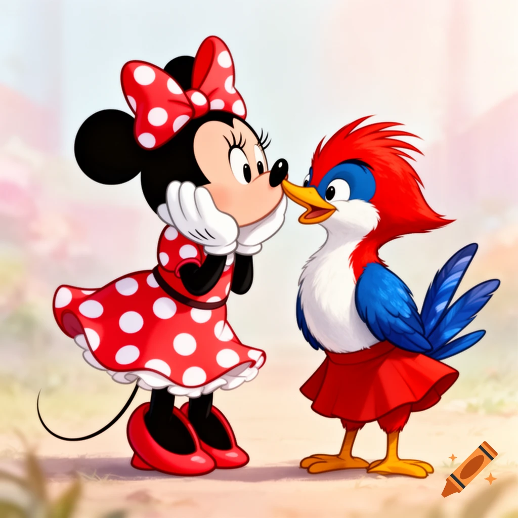 Minnie Mouse in a red polka dot dress and bow, clutching her cheeks, looks at a cartoon bird with red, blue, and white feathers and a red skirt.