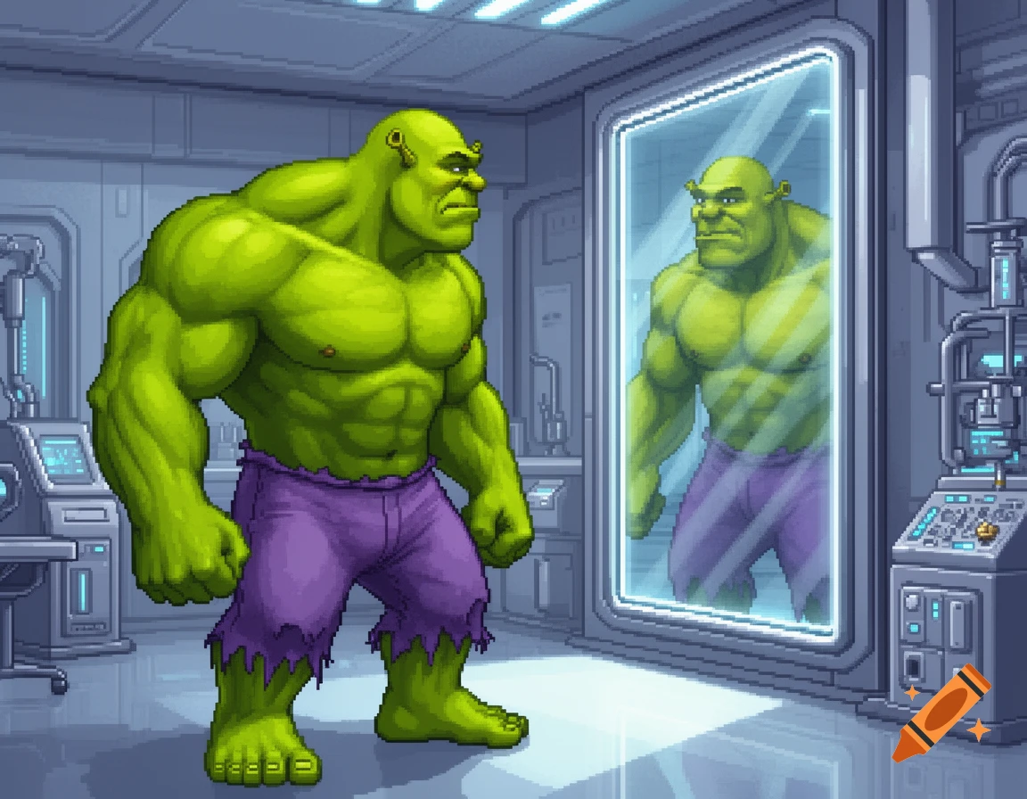 A muscular, shirtless, green Shrek-Hulk character in purple tattered pants stands in a pixel art laboratory, looking at his reflection in a mirror.