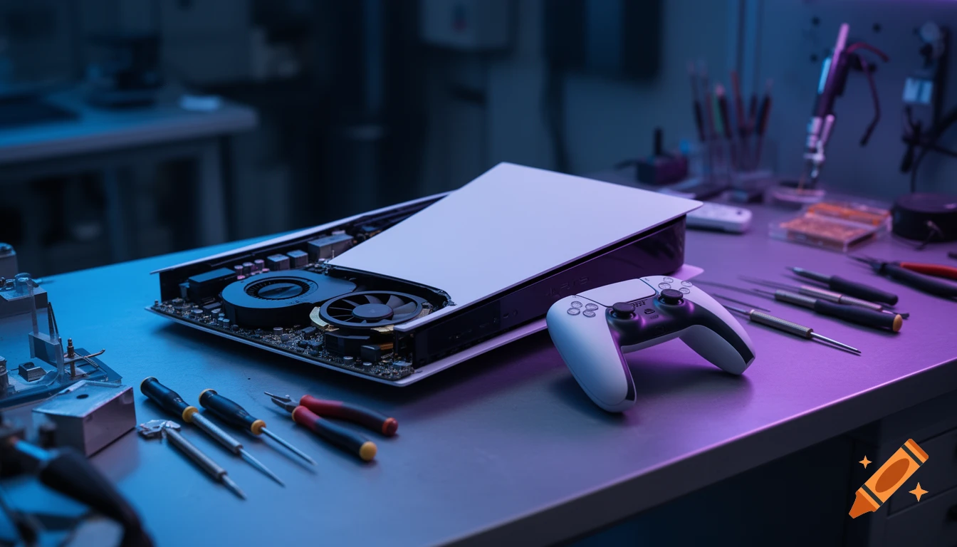A disassembled PlayStation 5 console and a DualSense controller on a professional technician workbench with neon blue and purple lighting, surrounded by tech repair tools. Photorealistic.