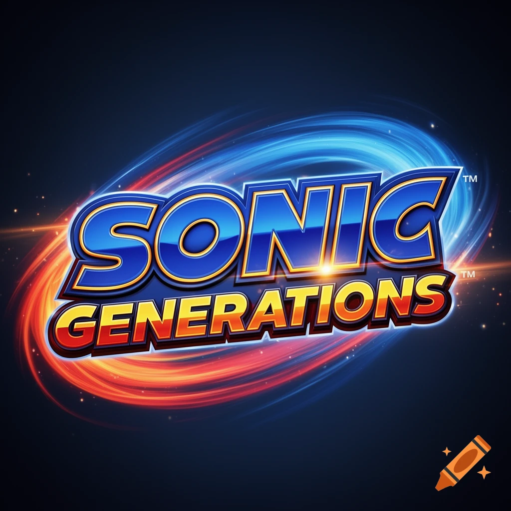 The Sonic Generations video game logo featuring metallic blue and orange text with swirling blue and red energy trails behind it.