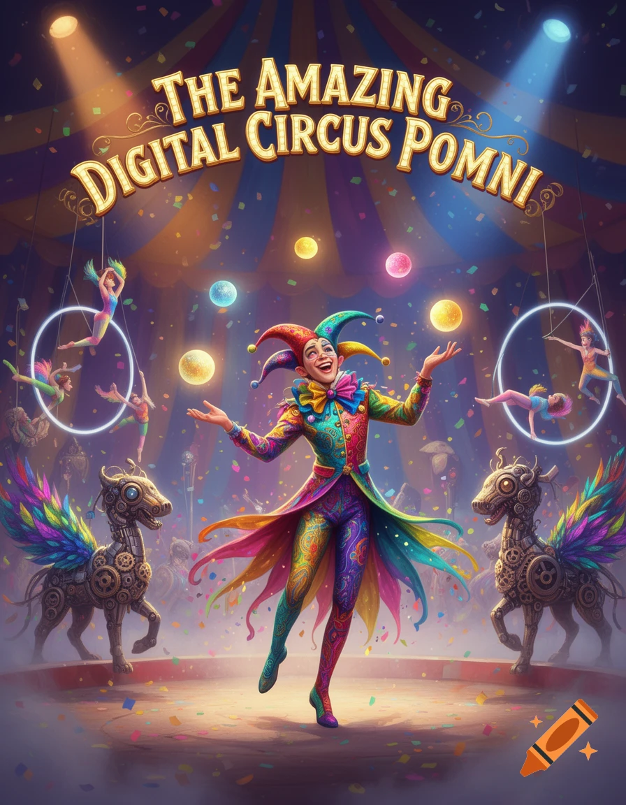 A vibrant digital art image of a jester juggling colorful orbs in a circus tent, with acrobats and mechanical horses.