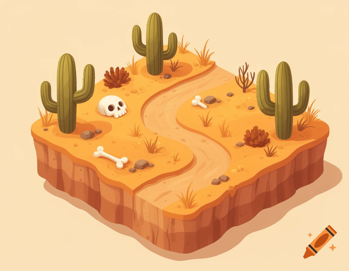 Isometric cartoon desert map with a winding dirt road, cacti, bushes, a skull, and bones on an orange sandy plateau.