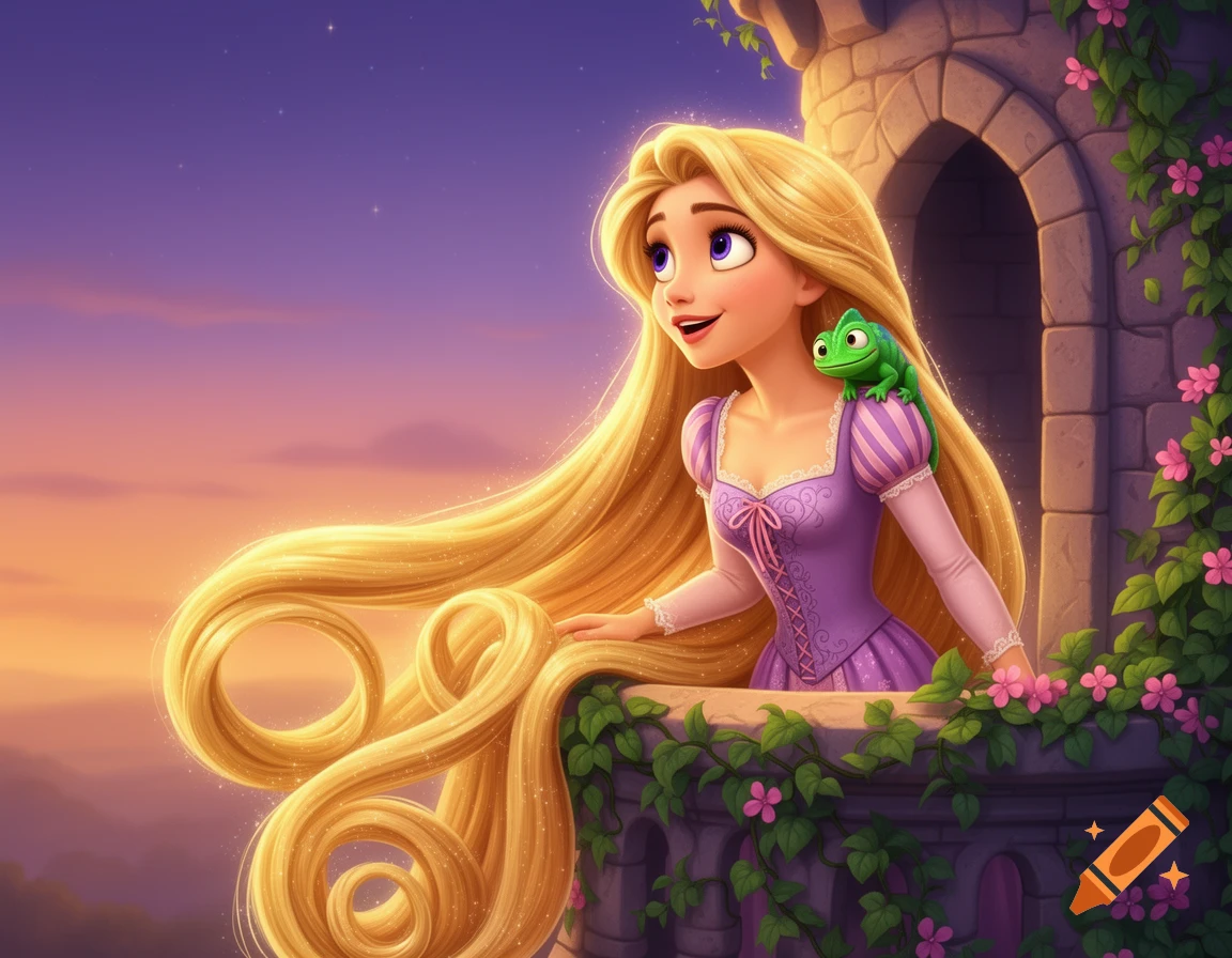 Rapunzel with long golden hair and a chameleon on her shoulder looks out from a stone tower balcony at sunset.