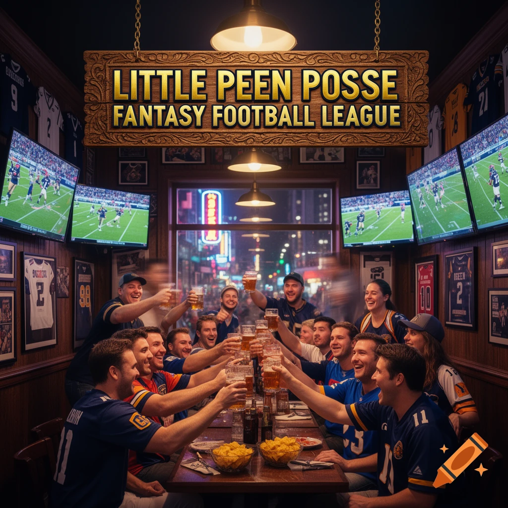 A group of friends in a sports bar cheer and toast with beers under a sign that reads "LITTLE PEEN POSSE FANTASY FOOTBALL LEAGUE".