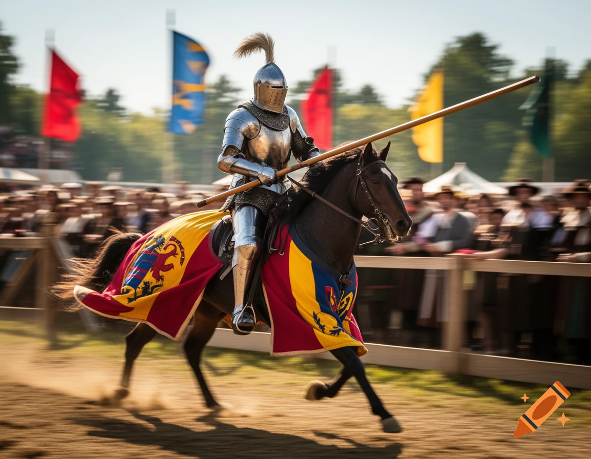 A knight in shining armor on a decorated horse charges during a jousting tournament.