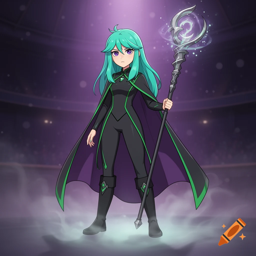 Anime-style female character with teal hair and purple eyes, wearing a black suit and purple cape, holding a glowing staff.