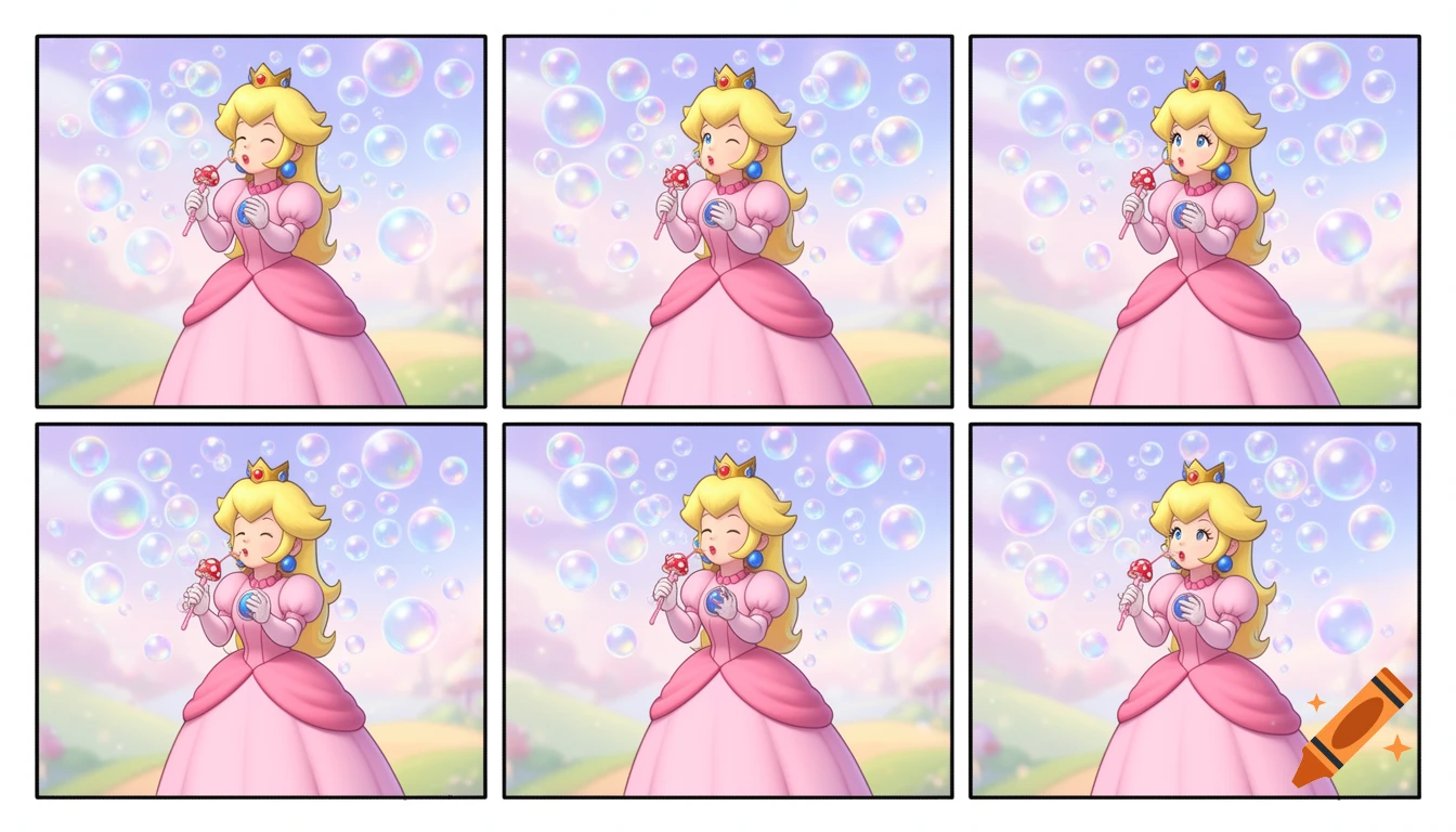 A 6-panel comic showing Princess Peach in a pink dress blowing bubbles with a pink wand amidst many colorful bubbles.