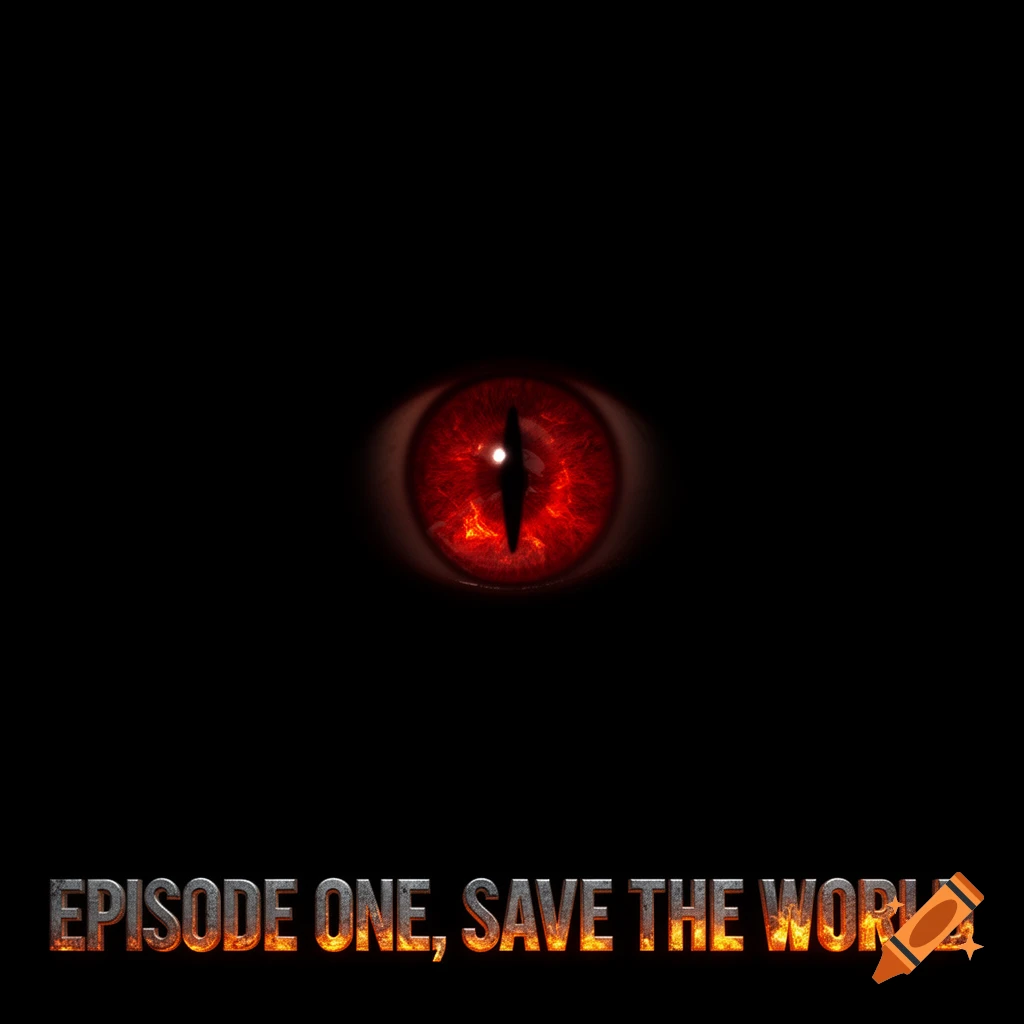 A glowing red eye with a vertical pupil centered on a black background, above fiery metallic text reading 'EPISODE ONE, SAVE THE WORLD'.