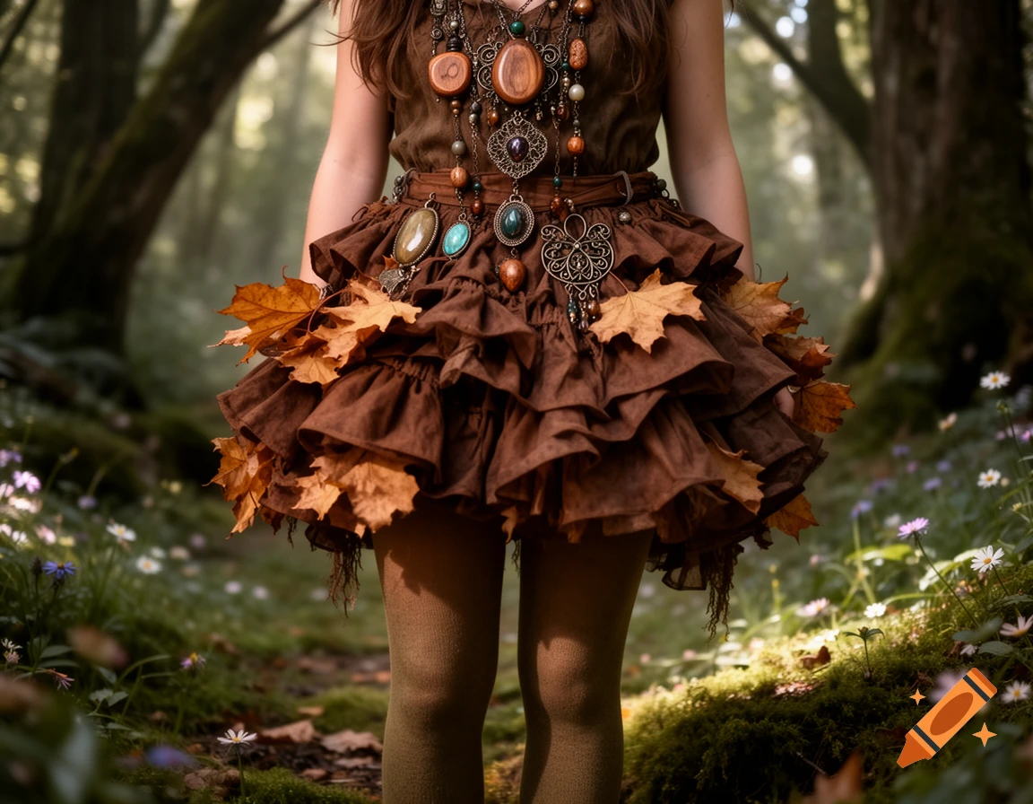 A person wears a brown ruffled skirt adorned with autumn leaves, tights, and elaborate jewelry, standing in an enchanted forest.