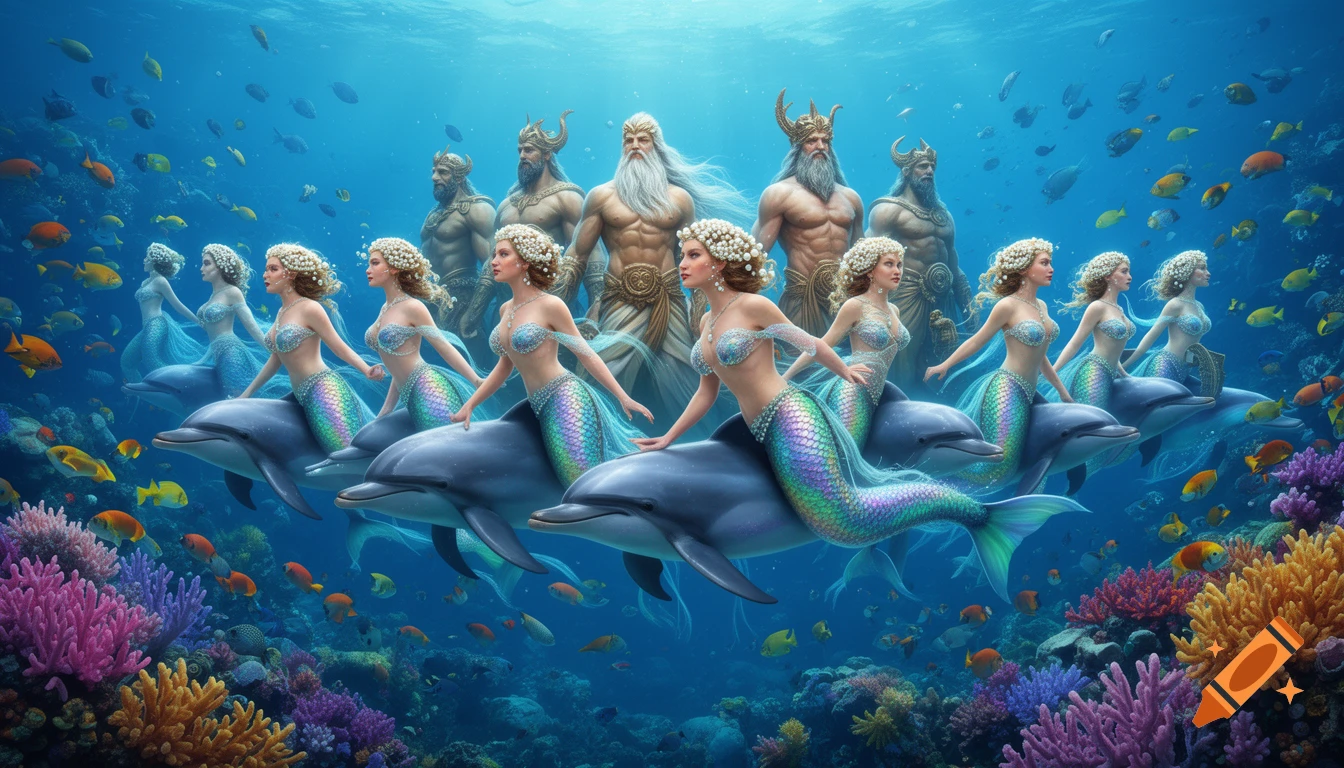 Photorealistic mermaids with pearl-adorned hair ride dolphins and seahorses, led by the sea god Poseidon and Tritons, through a vibrant coral reef filled with colorful fish.