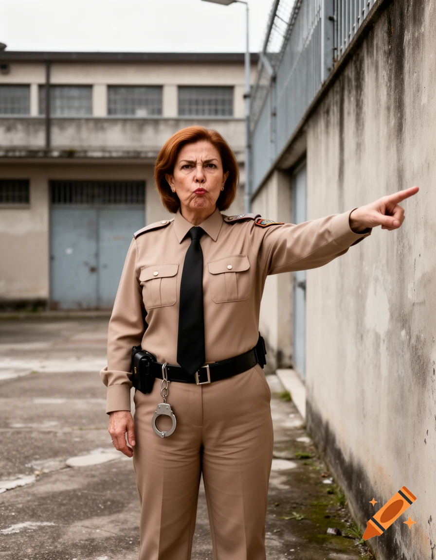 A stern-faced female prison guard in a beige uniform, black tie, and handcuffs on her belt, points to her right in a prison yard.