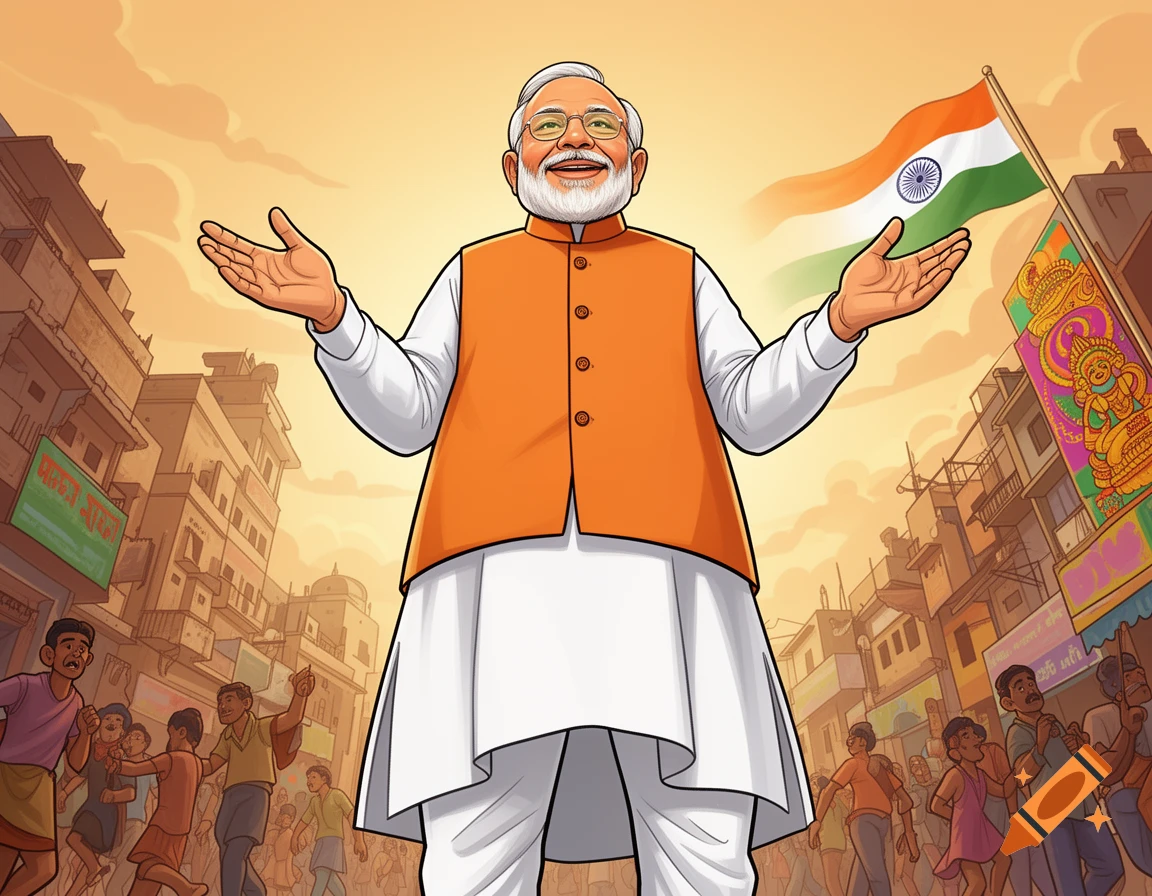 Cartoon of Narendra Modi in an orange vest and white kurta, smiling with arms outstretched, in a crowd with the Indian flag flying.