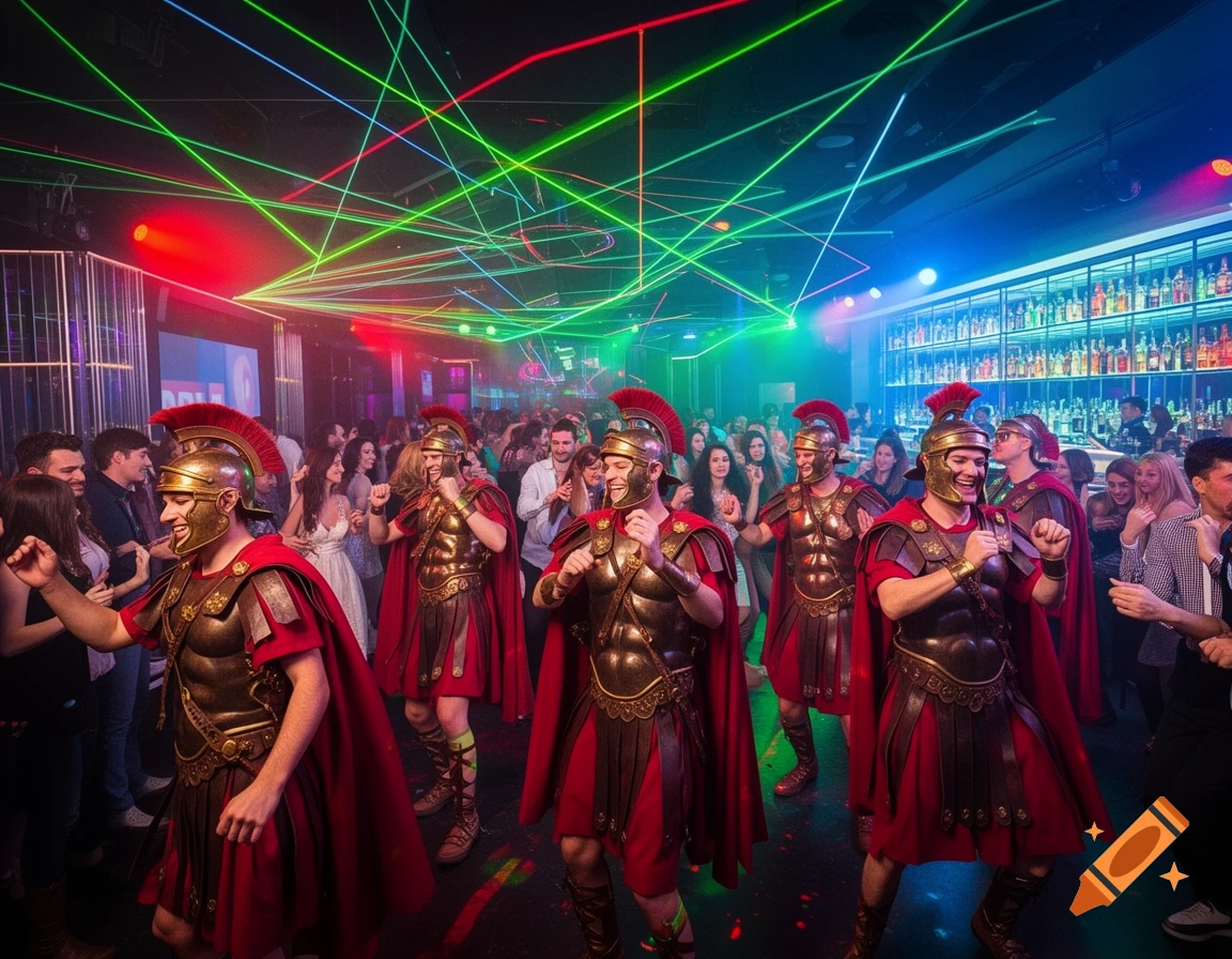Several ancient Roman soldiers in full armor and cloaks dancing energetically in a vibrant, laser-lit nightclub, surrounded by other diverse partygoers.