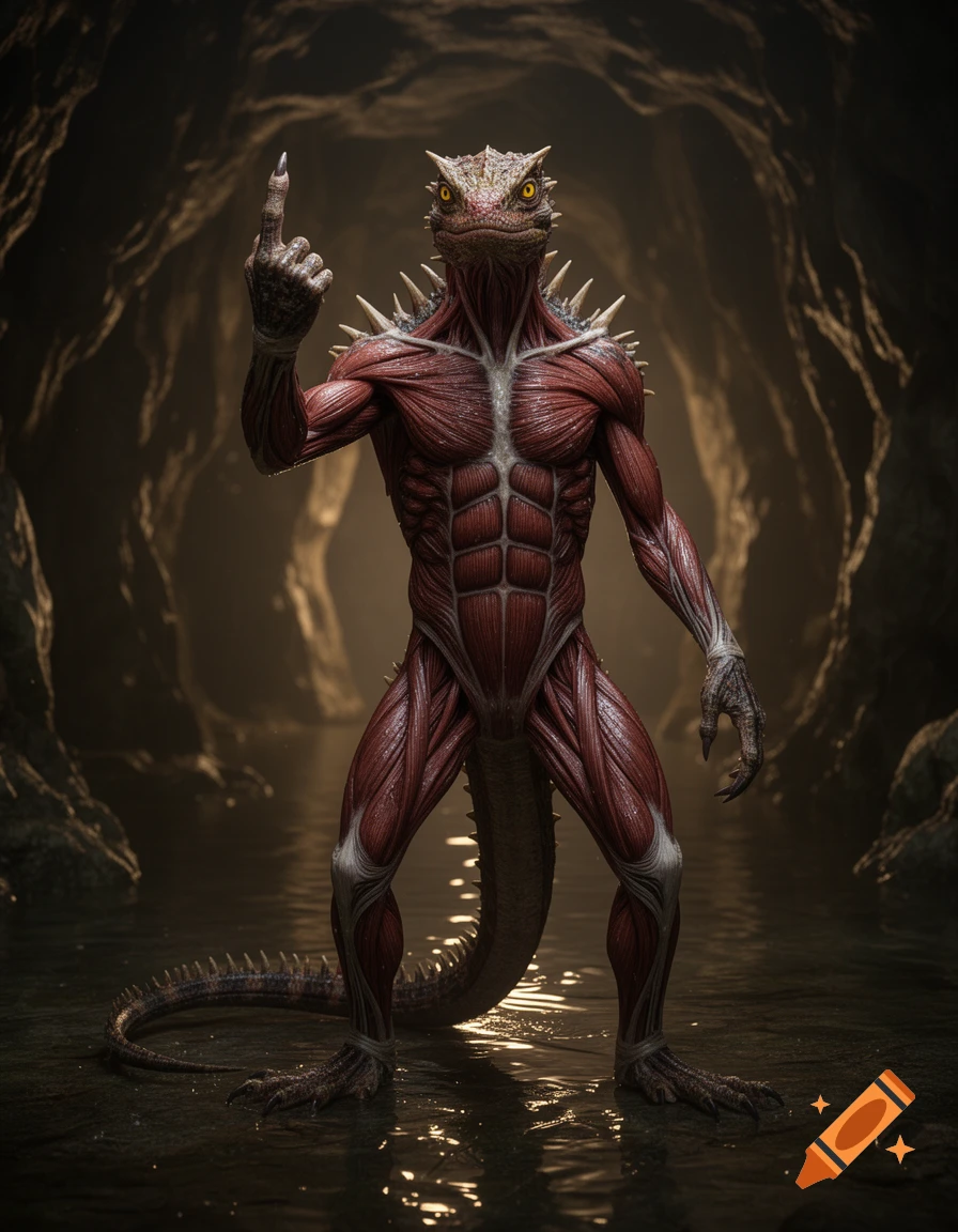 A muscular, skinless lizardman with spikes and glowing yellow eyes stands in a dark cave, giving the middle finger.
