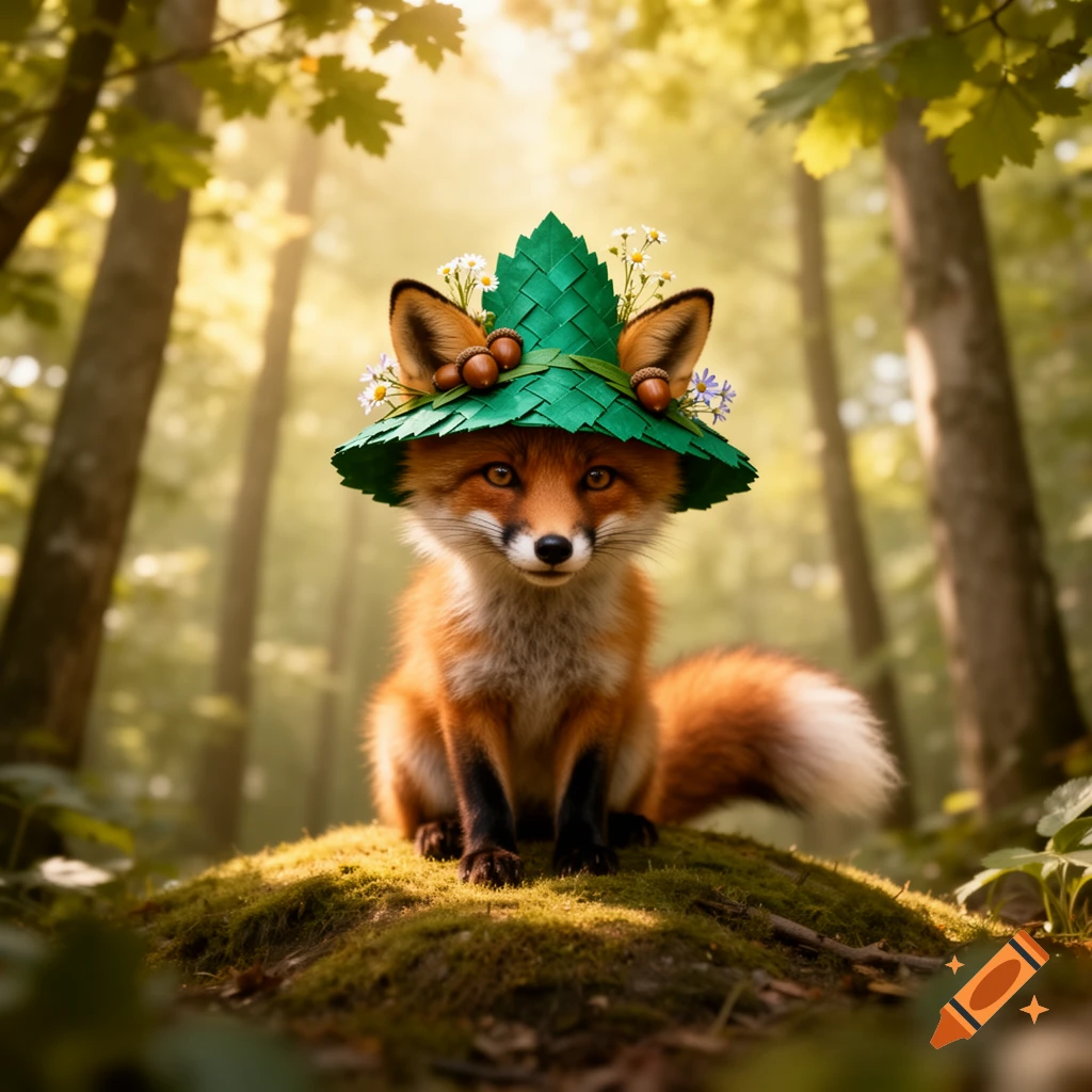 A cute photorealistic fox wearing a green leaf-patterned hat with acorns and small flowers, sitting on a mossy mound in a sun-dappled forest.