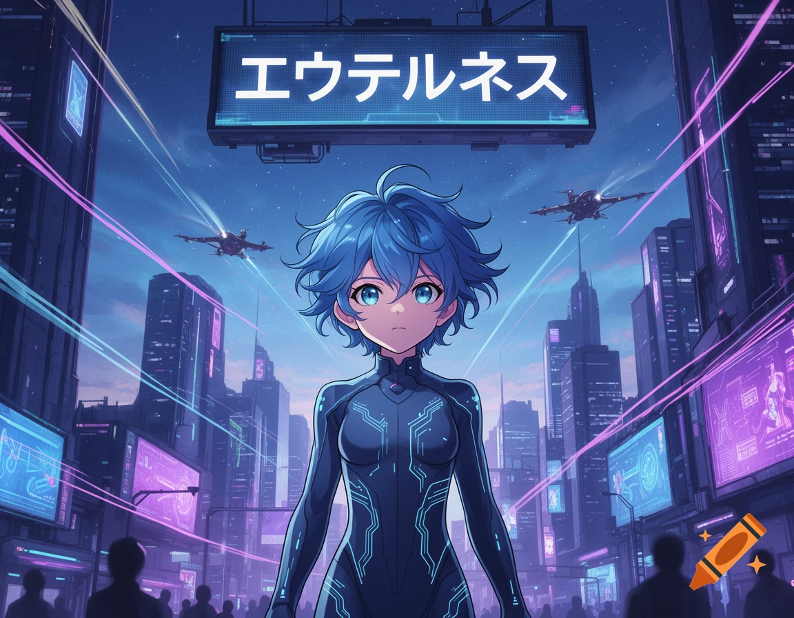 Anime character with blue hair and glowing eyes in a neon-lit futuristic city with flying vehicles.