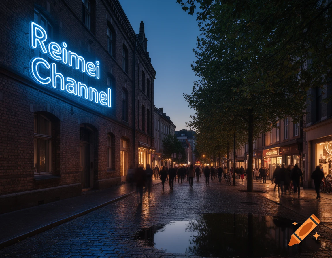 A photorealistic urban street at dusk, with a glowing blue 'Reimei Channel' neon sign on a brick building and blurred pedestrians on the wet pavement.