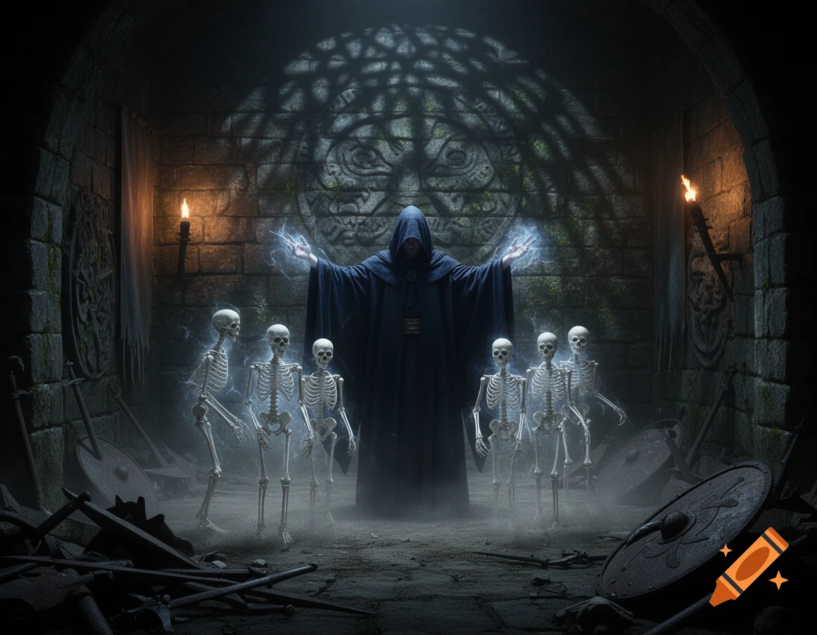 A hooded necromancer conjures glowing skeletons in a dark, torchlit dungeon.