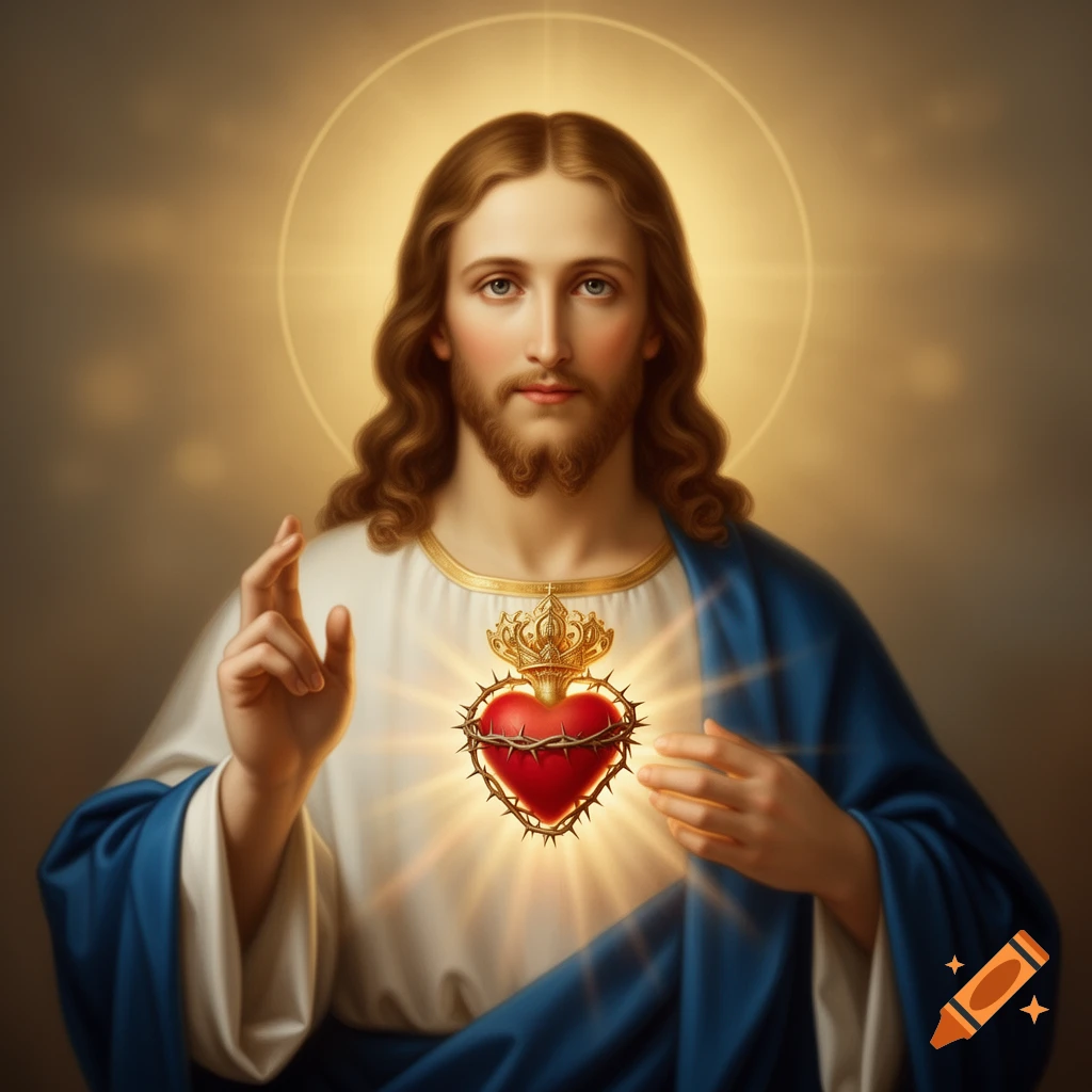 A portrait of Jesus Christ with a halo, showing his Sacred Heart crowned with thorns, against a glowing background.