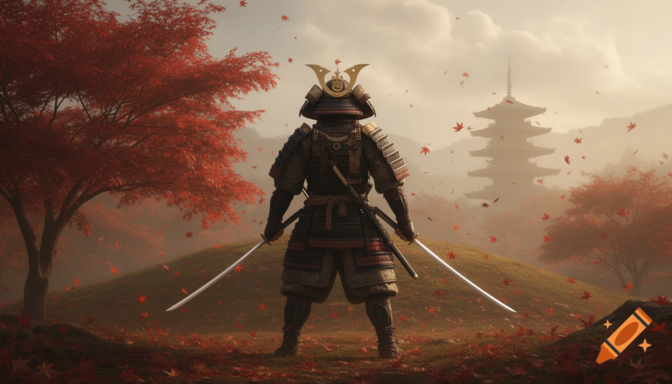 Samurai in traditional armor holding two katanas, back to viewer, in an autumn Japanese landscape with red maple trees and a pagoda.