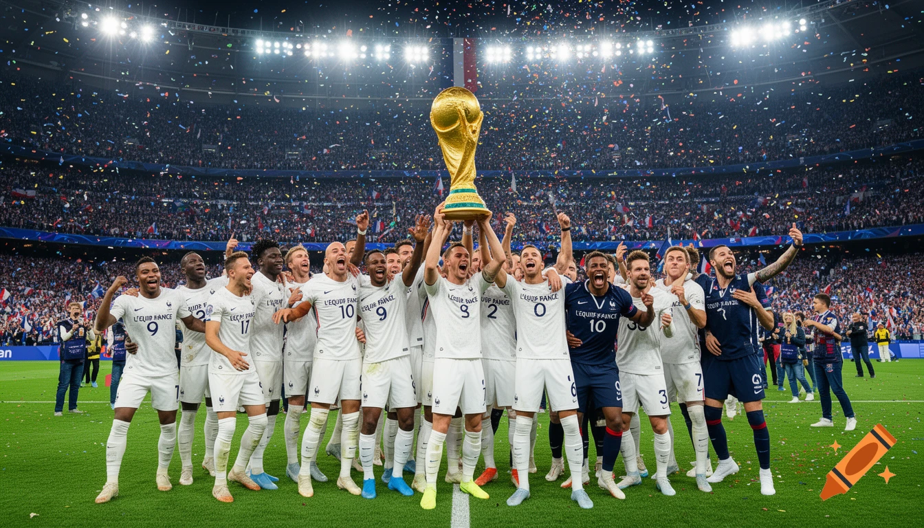The French national soccer team celebrates lifting the World Cup trophy on a confetti-filled stadium pitch after winning the final.