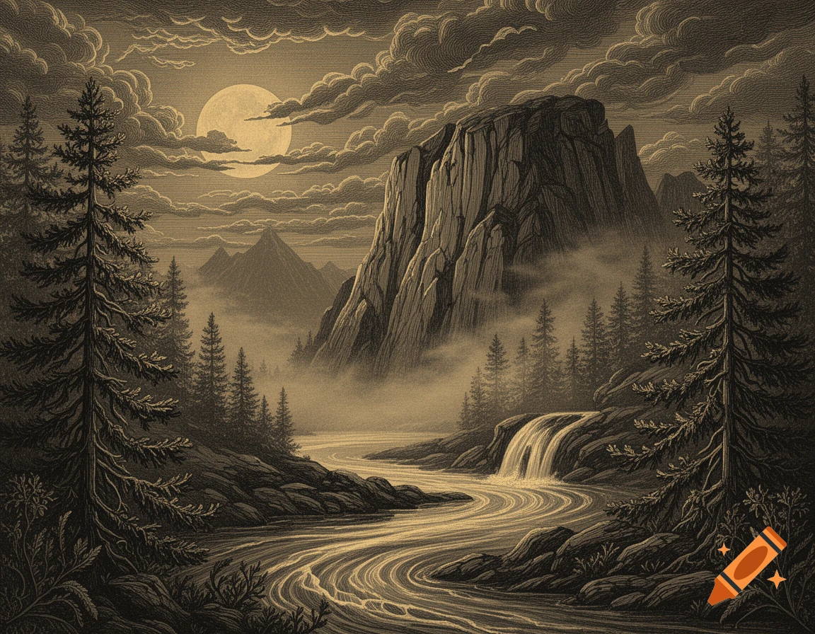A vintage engraved wilderness landscape at night, featuring a full moon, rocky cliffs, a river with a waterfall, and pine trees.
