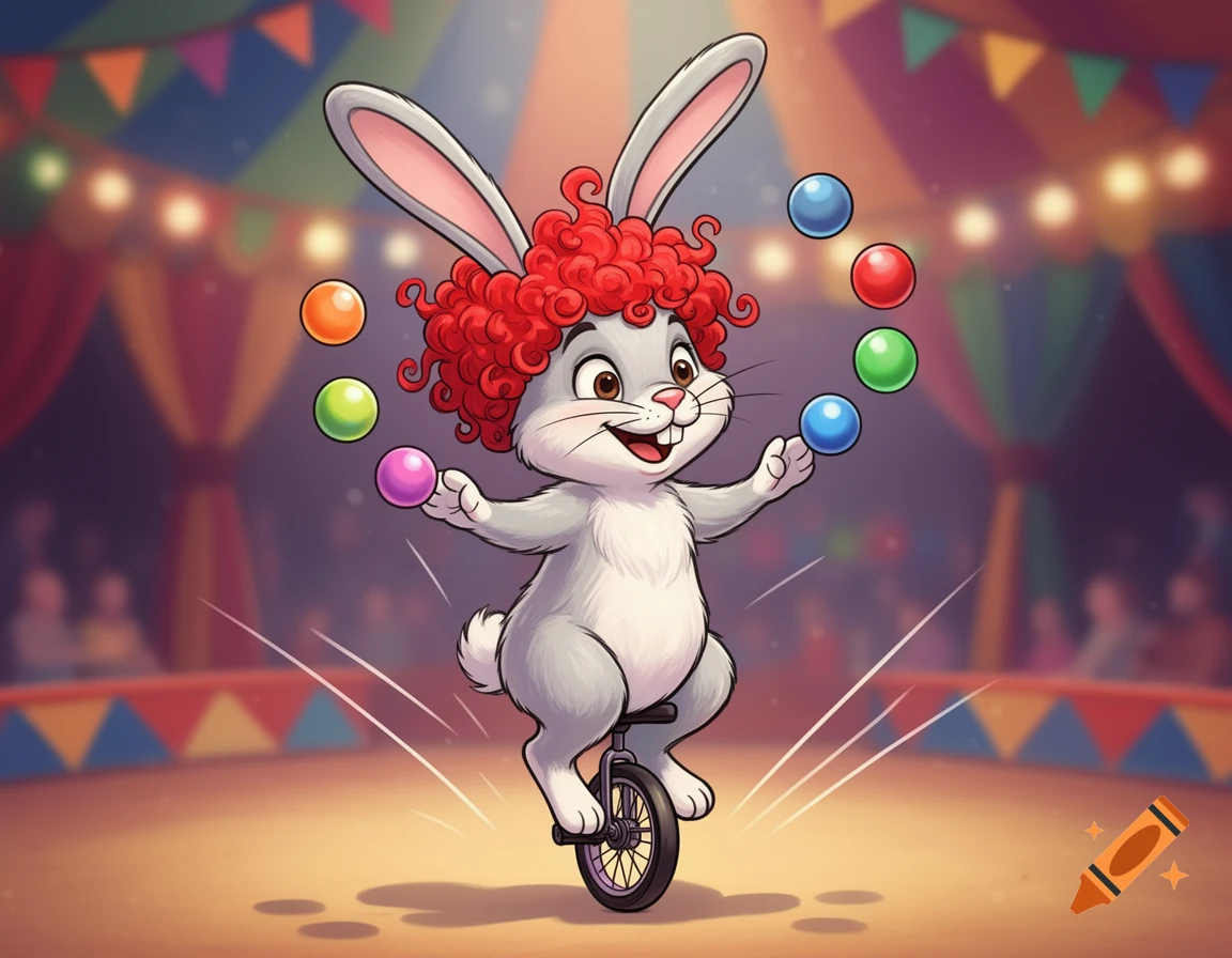 A cartoon rabbit with a red wig juggles colorful balls while riding a unicycle in a vibrant circus tent.