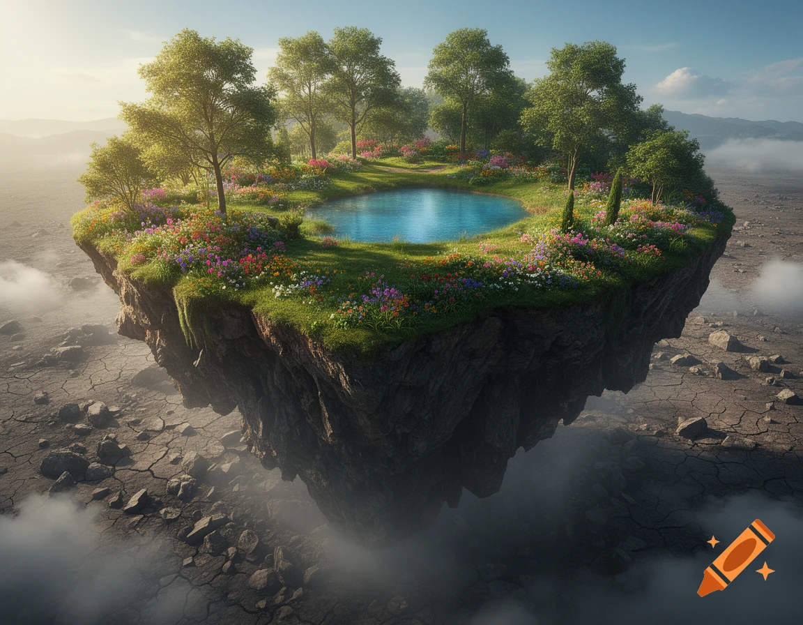 A vibrant, lush floating island with a pond, trees, and flowers above a desolate, cracked wasteland under a blue sky.