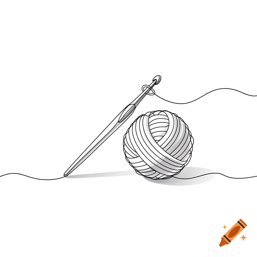 A black and white line art illustration of a crochet hook resting on a ball of yarn with a single thread extending.