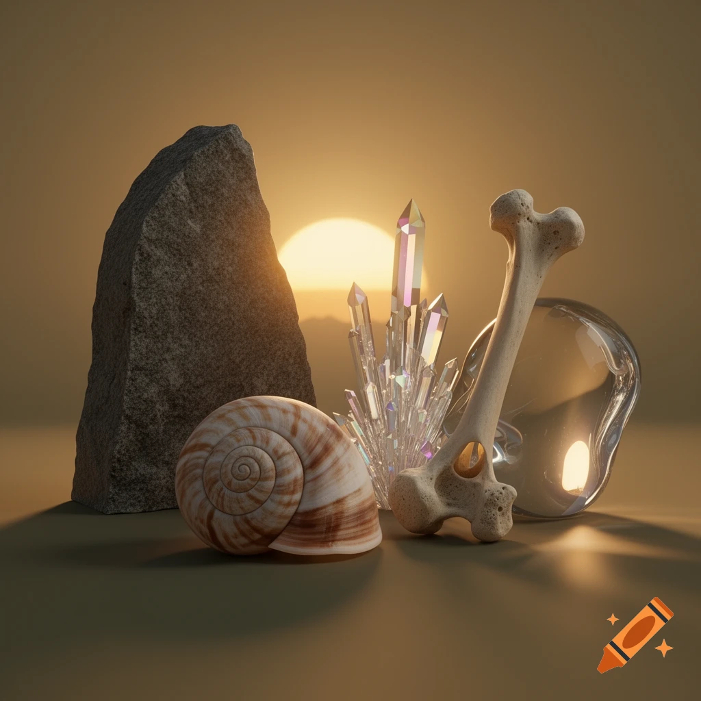 A still life scene with a rock, snail shell, bone, clear orb, and iridescent crystals, bathed in warm sunset light.