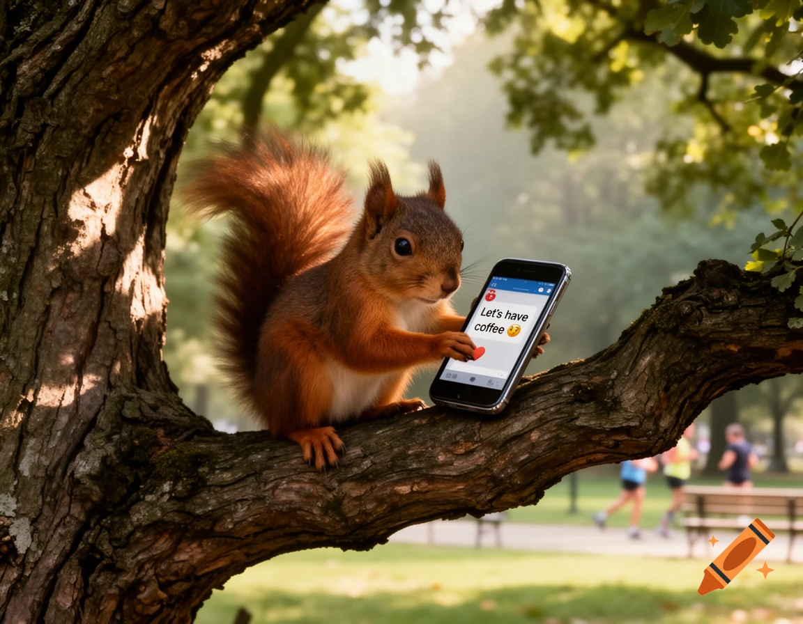 A photorealistic squirrel sits on a tree branch, holding a smartphone displaying 'Let's have coffee' and emojis.