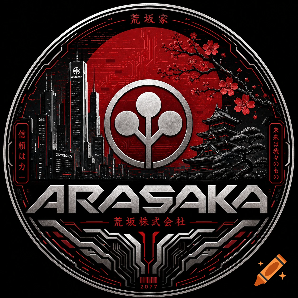 A circular logo for Arasaka with a cyberpunk cityscape, traditional Japanese architecture, and cherry blossoms against a red circuit board background.
