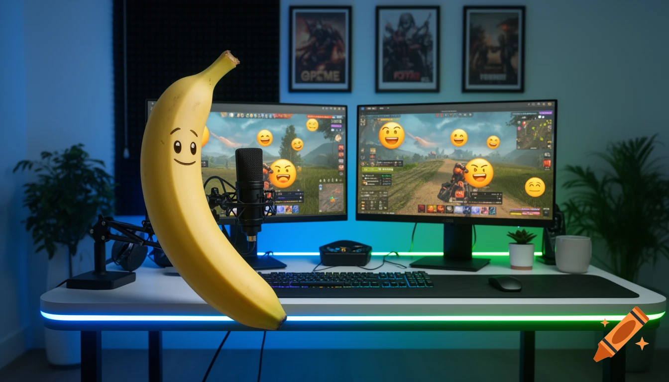 A banana with a smiling drawn face floats in front of a dual-monitor gaming setup. The desk features a microphone, keyboard, and mouse, all lit by blue and green LED strips. Emojis float over the game screens.