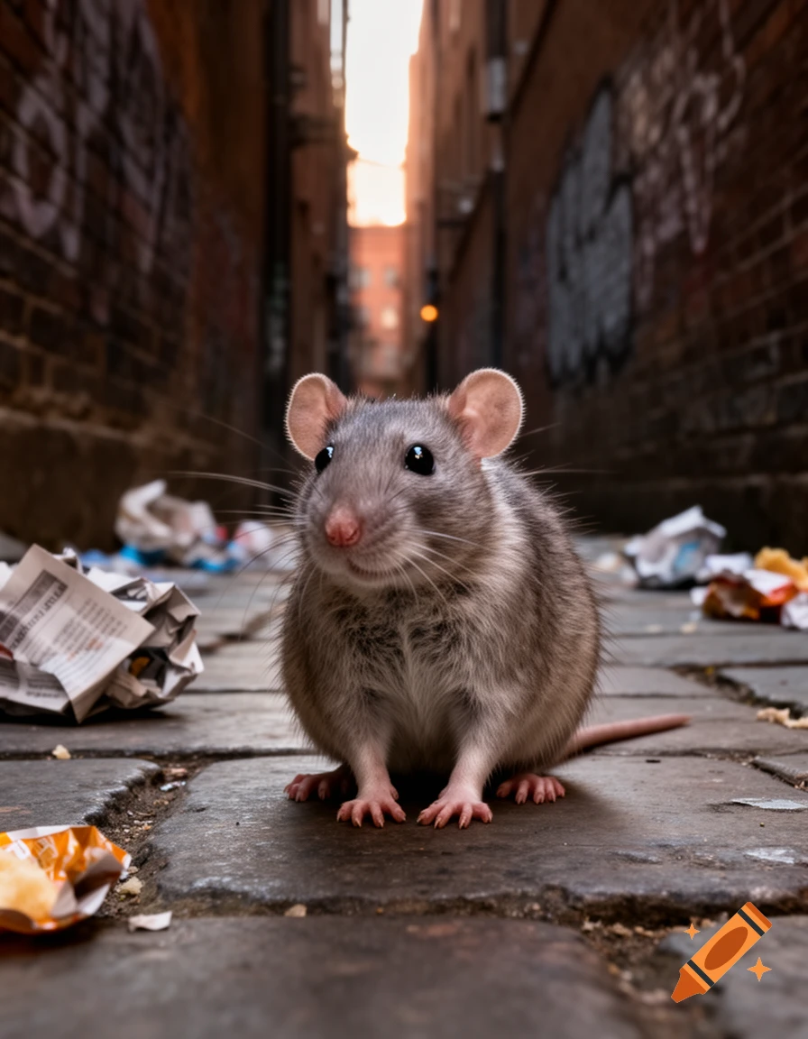 A photorealistic close-up of a gray rat sitting on a stone ground in a dark, littered alley.