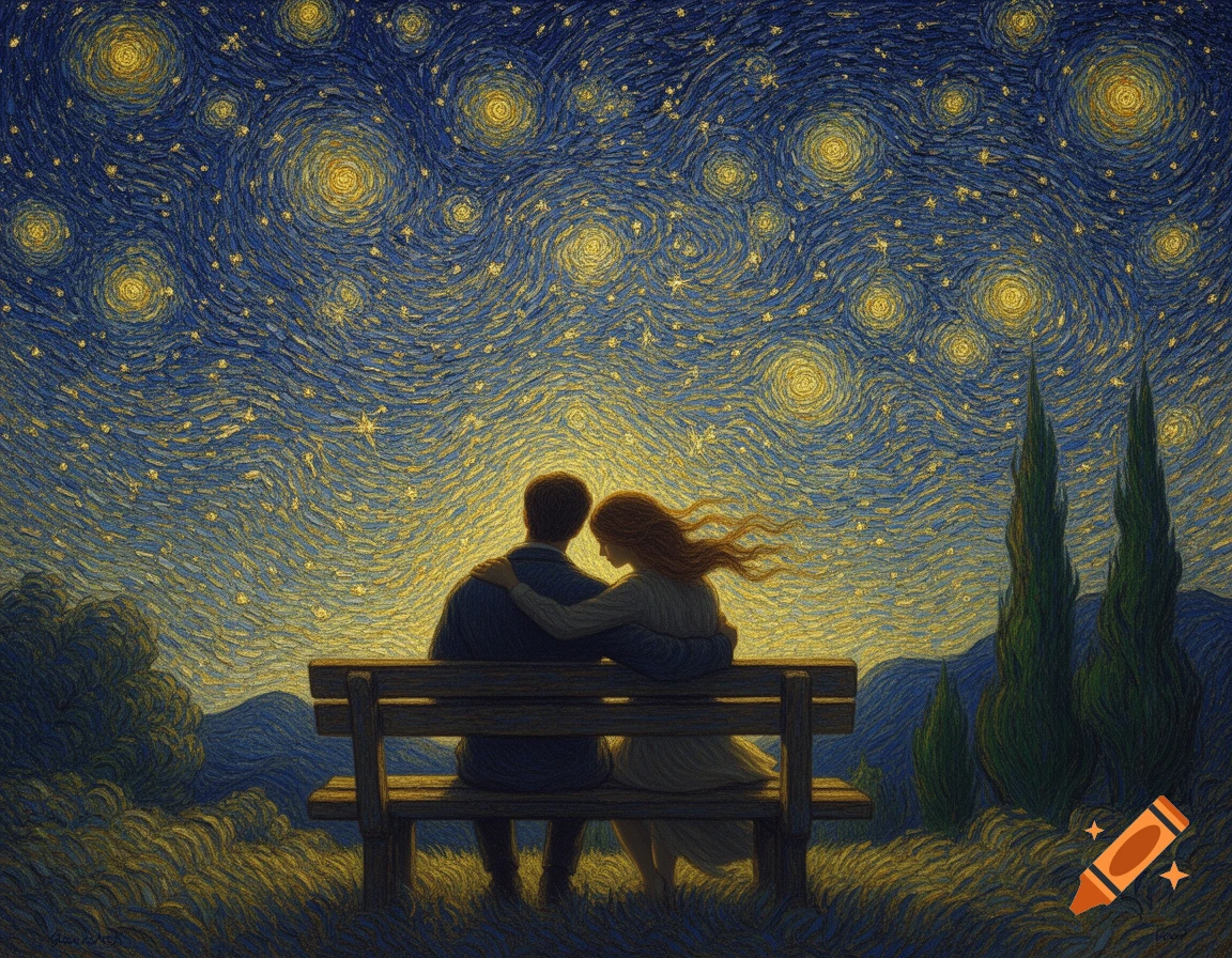 A couple sits on a bench, embracing, looking at a vibrant, swirling Van Gogh-style starry night sky.