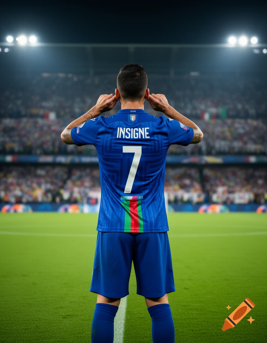 A soccer player, Insigne wearing a blue Italy jersey with number 7, stands on a field with hands to ears, viewed from behind in a stadium.