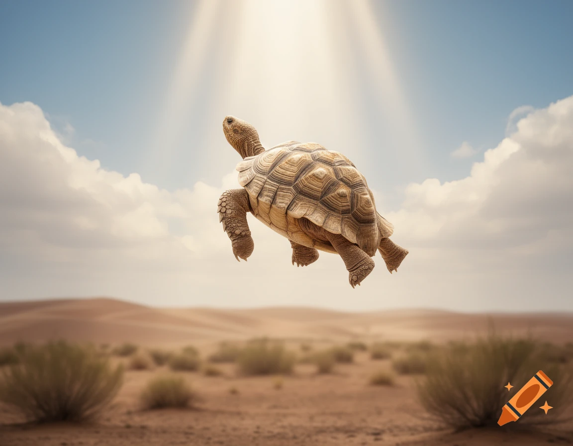 A photorealistic desert tortoise floats upward towards sunbeams in a cloudy sky above a vast desert landscape.