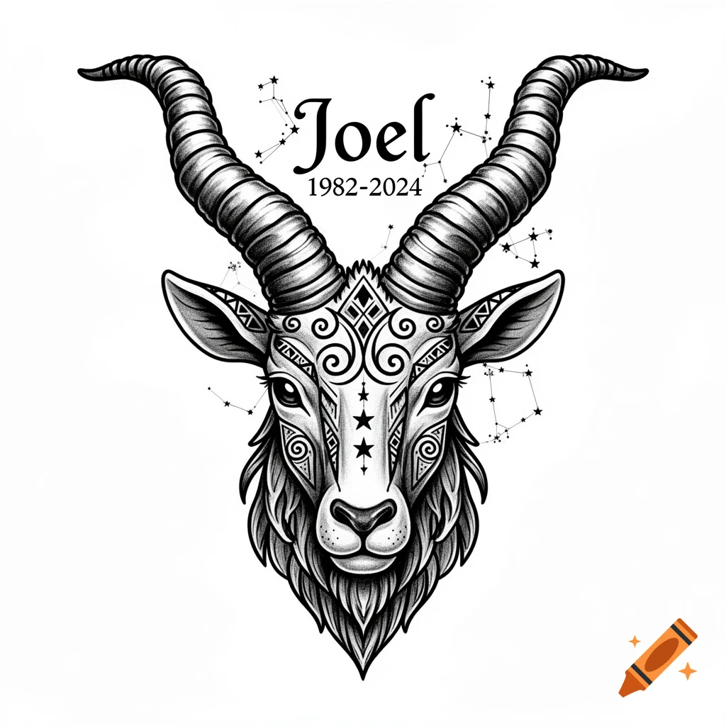Black and white stylized Capricorn goat head with intricate patterns, text 'Joel 1982-2024', and star constellations.