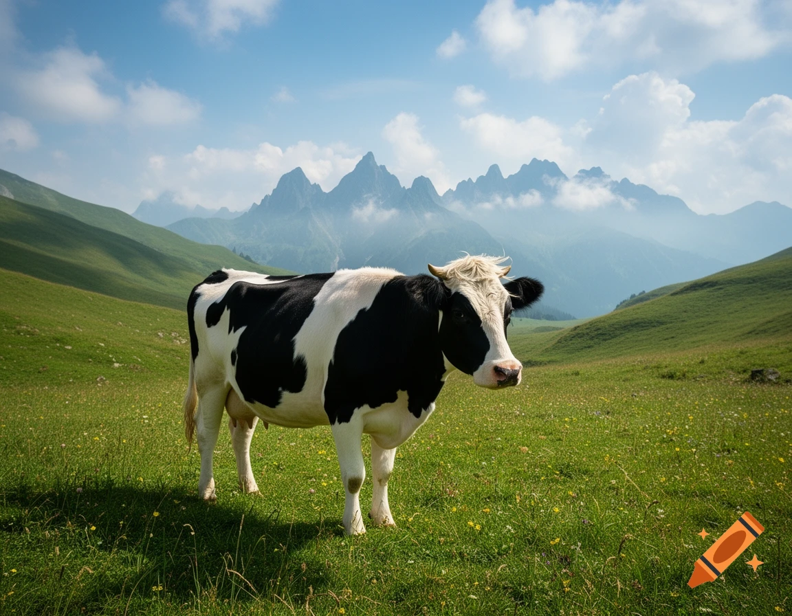 A black and white cow stands in a green grassy meadow with mountains in the background under a blue sky.