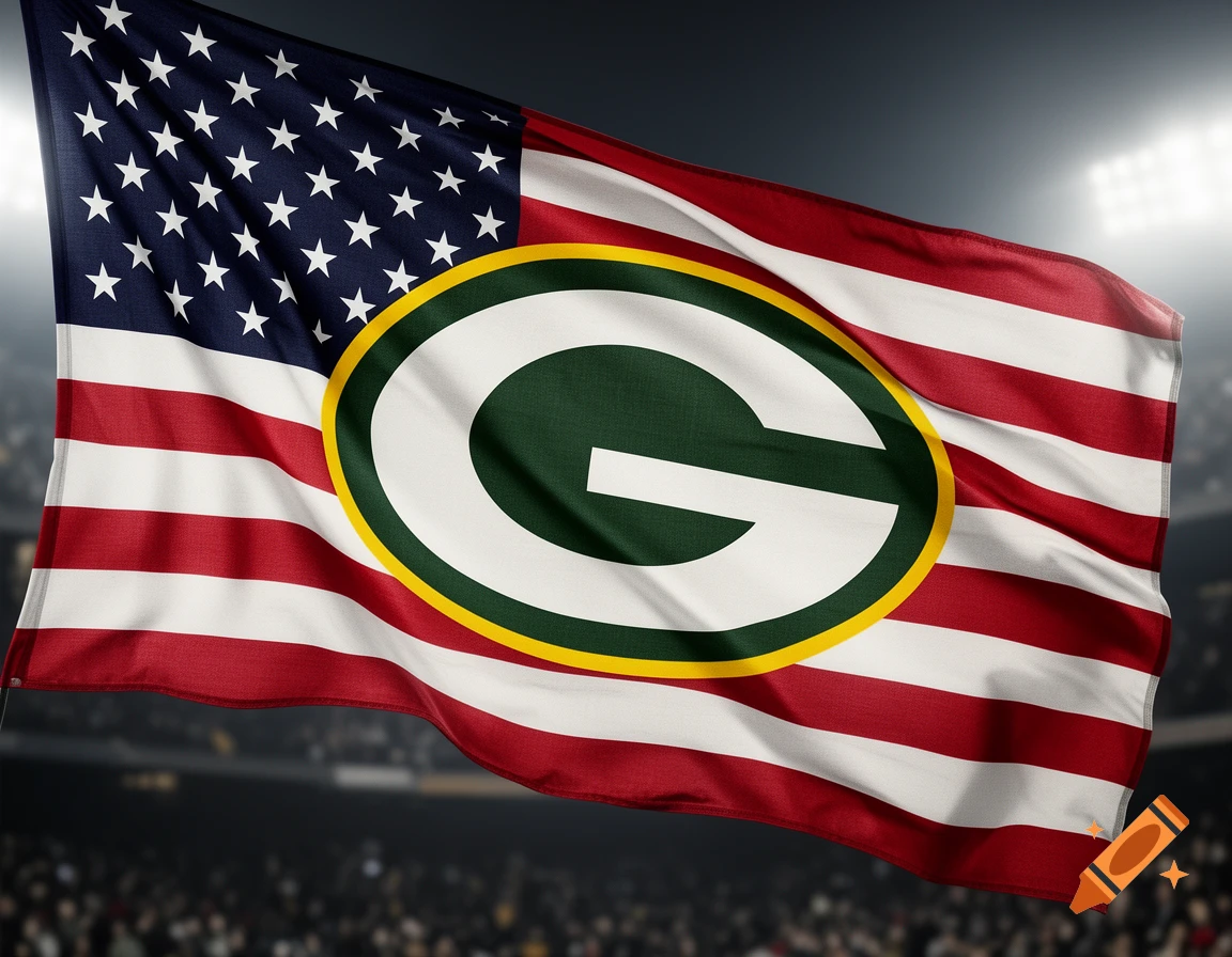 A waving American flag with a large Green Bay Packers 'G' logo in the center, stadium lights in the background.