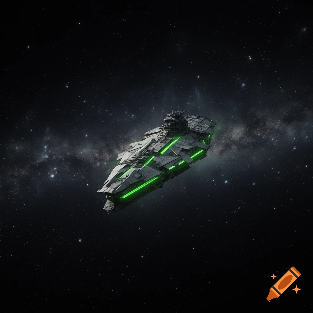 An angular, grey space battleship with bright green glowing strips, floats against a backdrop of a dark, starry galaxy.