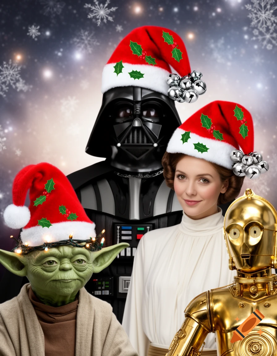 Darth Vader, Princess Leia, Yoda, and C-3PO from Star Wars wearing festive Christmas hats against a snowy, bokeh background.