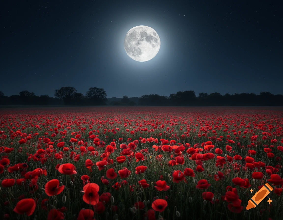 A photorealistic field of vibrant red poppies at night under a bright full moon and a starry sky.