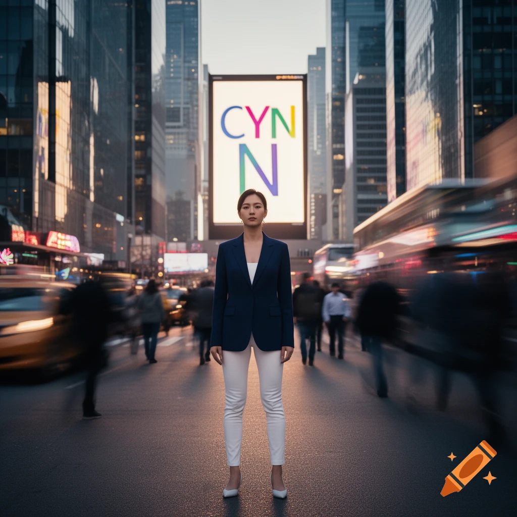 A woman in a navy suit stands confidently in the middle of a bustling city street with tall buildings and a billboard in the background.