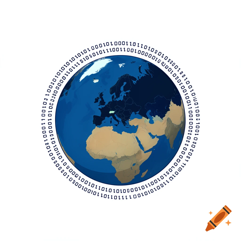 A blue and tan globe displaying Europe and Africa, encircled by a ring of blue binary code (0s and 1s) on a white background.